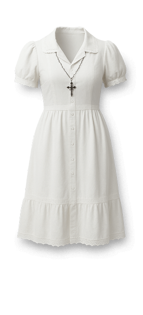 a demure white midi dress with a crucifix pendant