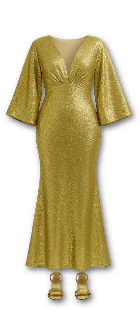 an elegant gold lame evening gown and a pair of matching open-toed high heels