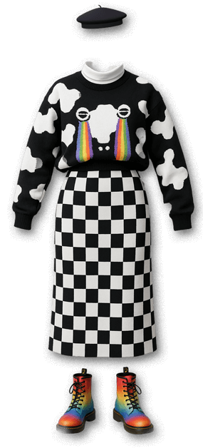 a checkered skirt, a sweater covered with clouds and decorated with rainbow tassels, and a beret