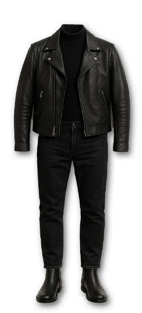 a leather jacket, leather pants, and leather boots